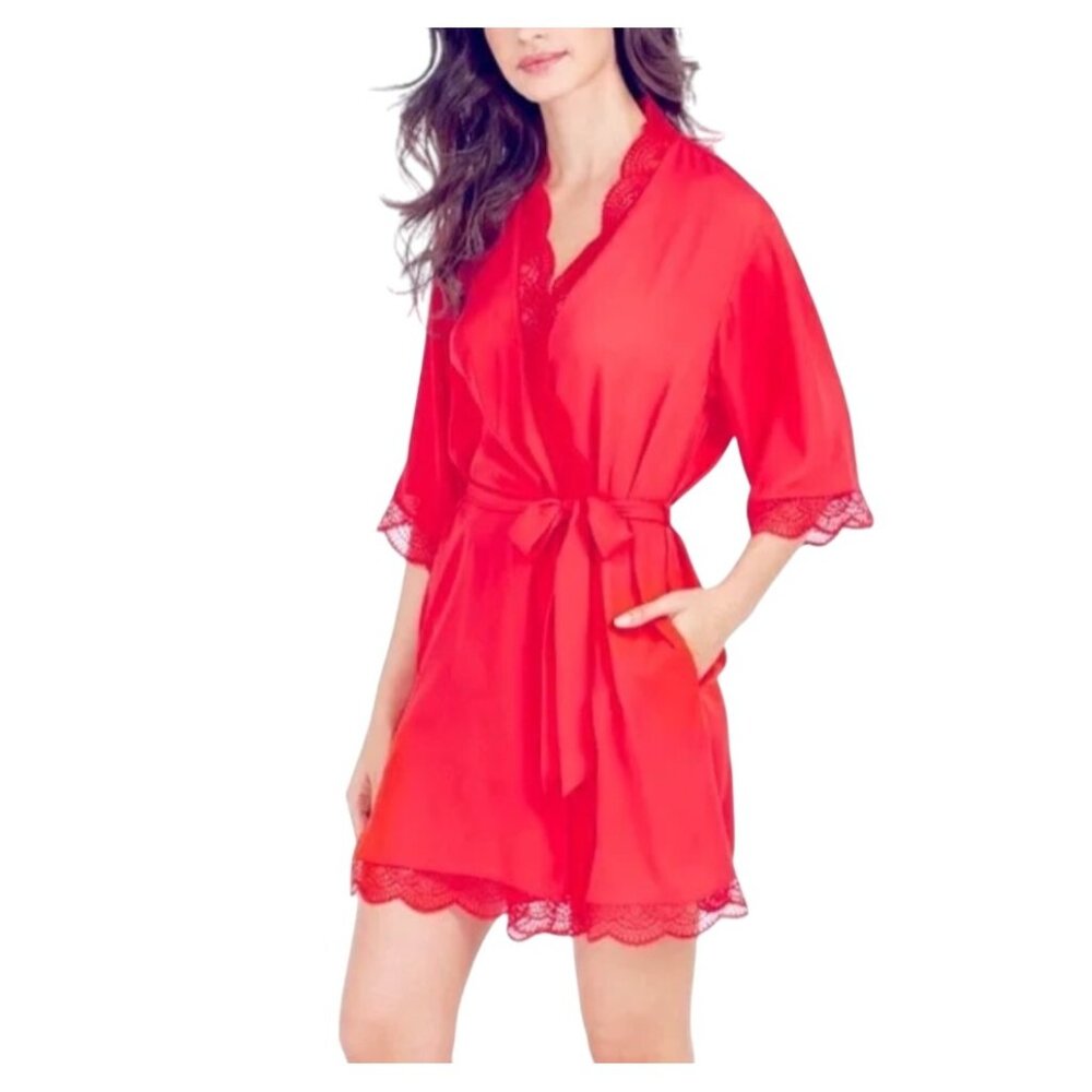 INC Red Lace Trim Robe & Chemise Set L Womens Intimates Sleepwear Polyester/Span